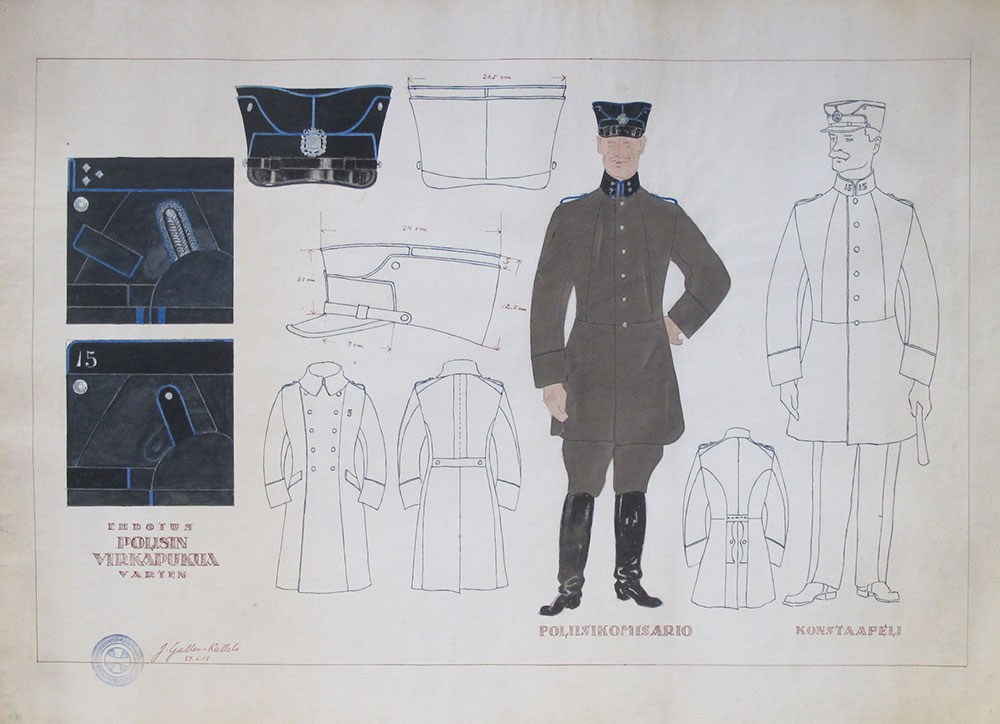 Akseli Gallen-Kallela's son Jorma Gallen-Kallela continued his father's work with the uniform proposal, and his drawings were approved in June 1918. In practice, however, the uniforms that were eventually used deviated considerably from the original drawings.